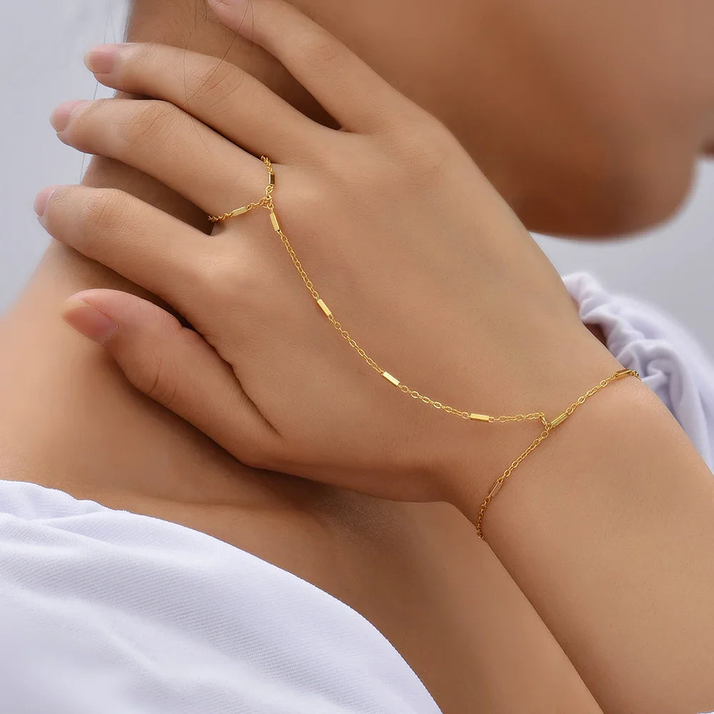 Femlion Copper Metal Thin Chain Finger Bracelet Hand Jewelry for Women - New Fashion Hand Link Chain Gift