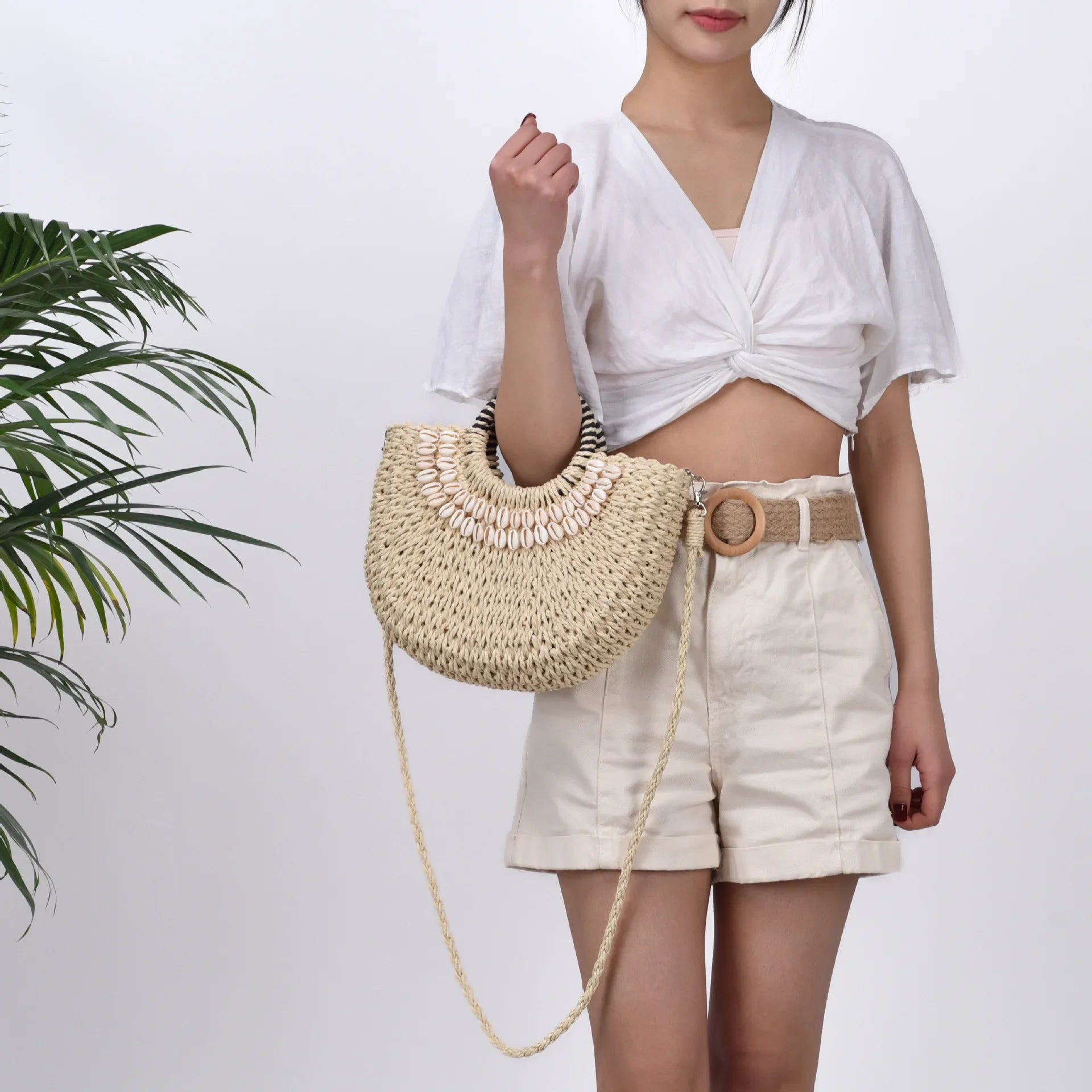 Femlion Seashell Woven Crossbody Handbag - Beach Resort Street Fashion