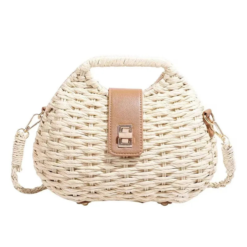 Femlion Shell Straw Crossbody Bag for Women's Beach Holiday Handheld Fashion Straw Woven Shell Bag