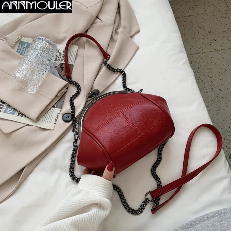 Femlion Vintage PU Leather Shoulder Bag with Kiss Lock Closure