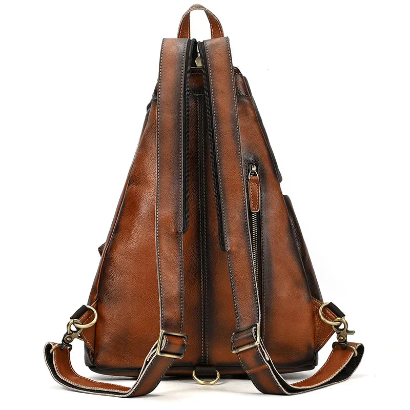 Femlion Men's Cowskin Leather Shoulder Backpack - Crossbody Chest Bag Anti Theft