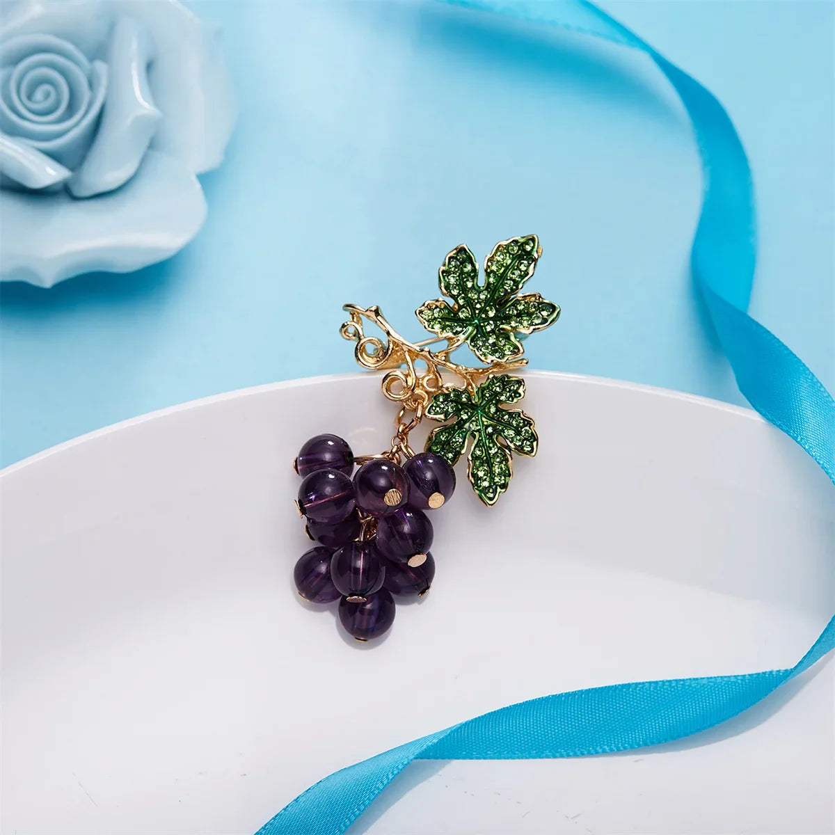 Femlion Purple Crystal Blueberry Brooch with Green Enamel Leaves and Grape Fruit Design