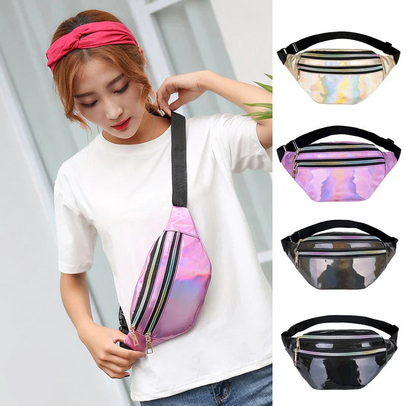 Femlion Holographic PU Leather Waist Bag Fanny Pack for Women and Men