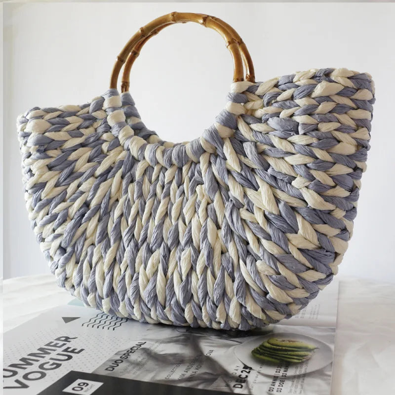 Femlion Bamboo Handle Blue White Woven Beach Bag Handheld Shoulder Women's Bag