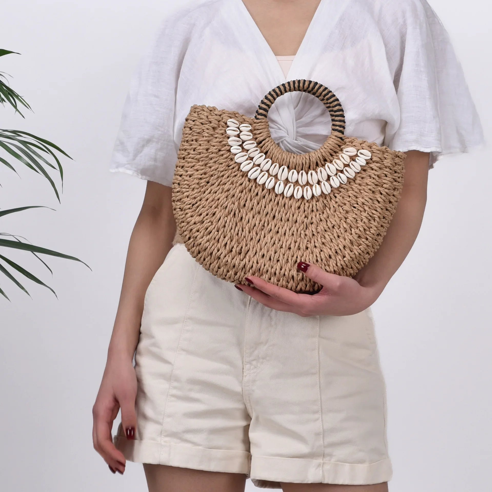 Femlion Seashell Woven Crossbody Handbag - Beach Resort Street Fashion