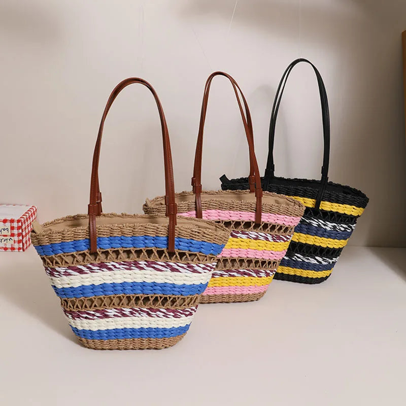 Femlion Vintage Stripe Straw Woven Beach Bag Hollow Out Shoulder Bag