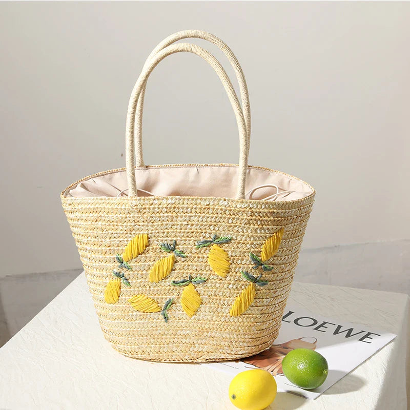 Femlion Lemon Embroidered Straw Woven Bag - Versatile Beach Resort Shoulder Bag