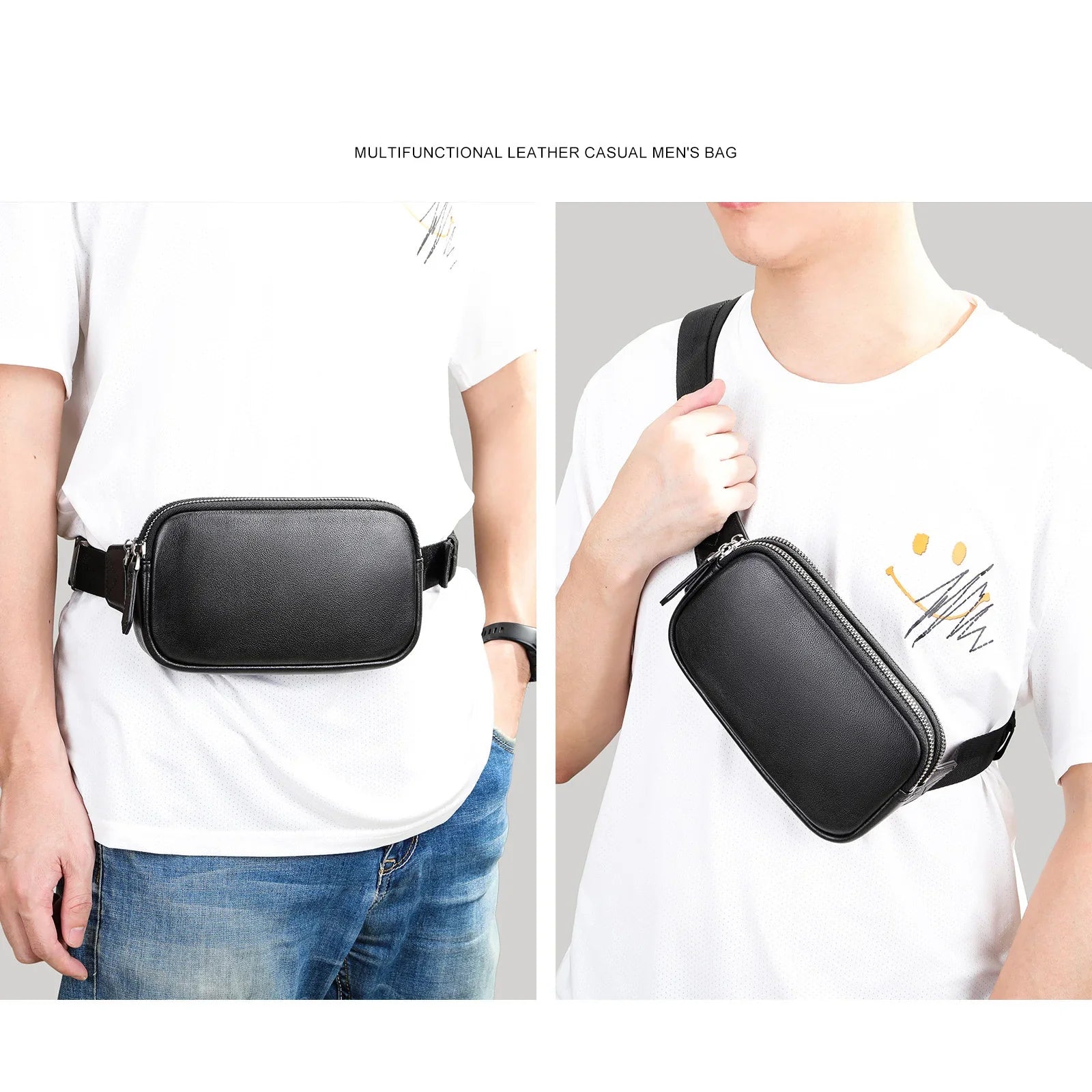 Femlion Genuine Leather Men Chest Bag Phone Pouch Fanny Pack Waist Bag Shoulder Bag