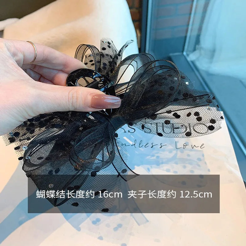 Femlion Black Lace Big Bow Hair Clip for Women and Girls - Double Sided Claw Clamp