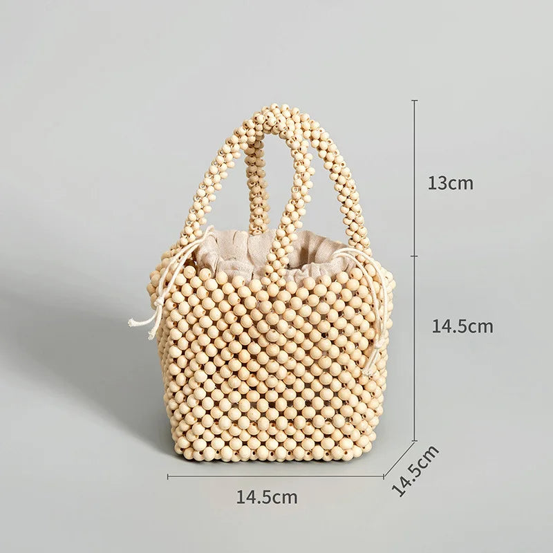 Femlion Wooden Bead Antique Style Woven Bucket Handbag