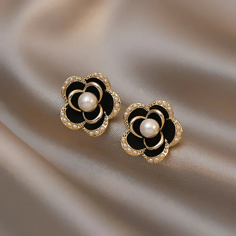 Femlion Black Camellia Flower Stud Earrings: Elegant Jewelry for Woman and Girls