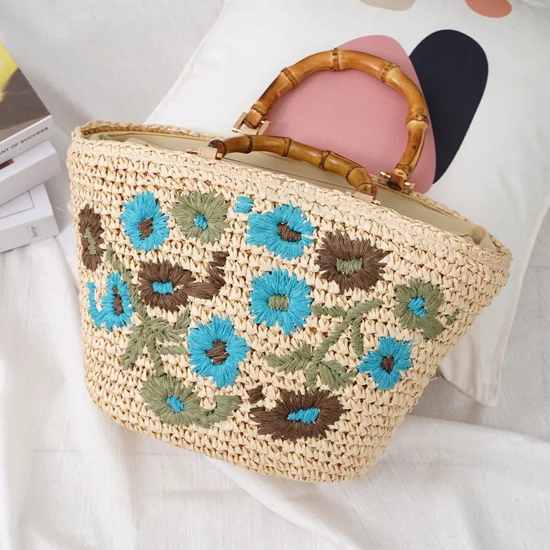 Femlion Small Flower Bag Rattan Handbag Beach Fashion Handbag Women's Bag