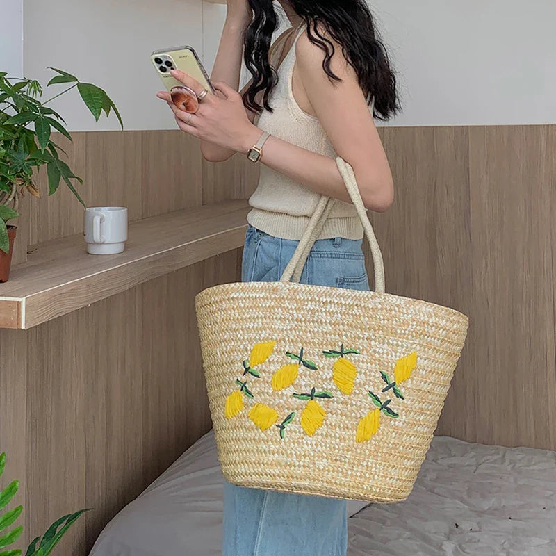 Femlion Lemon Embroidered Straw Woven Bag - Versatile Beach Resort Shoulder Bag