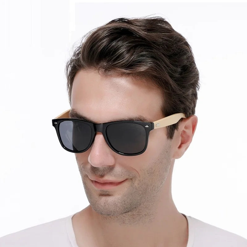 Femlion Square Bamboo Sunglasses UV400 Classic Vintage Black Eyewear for Men Women