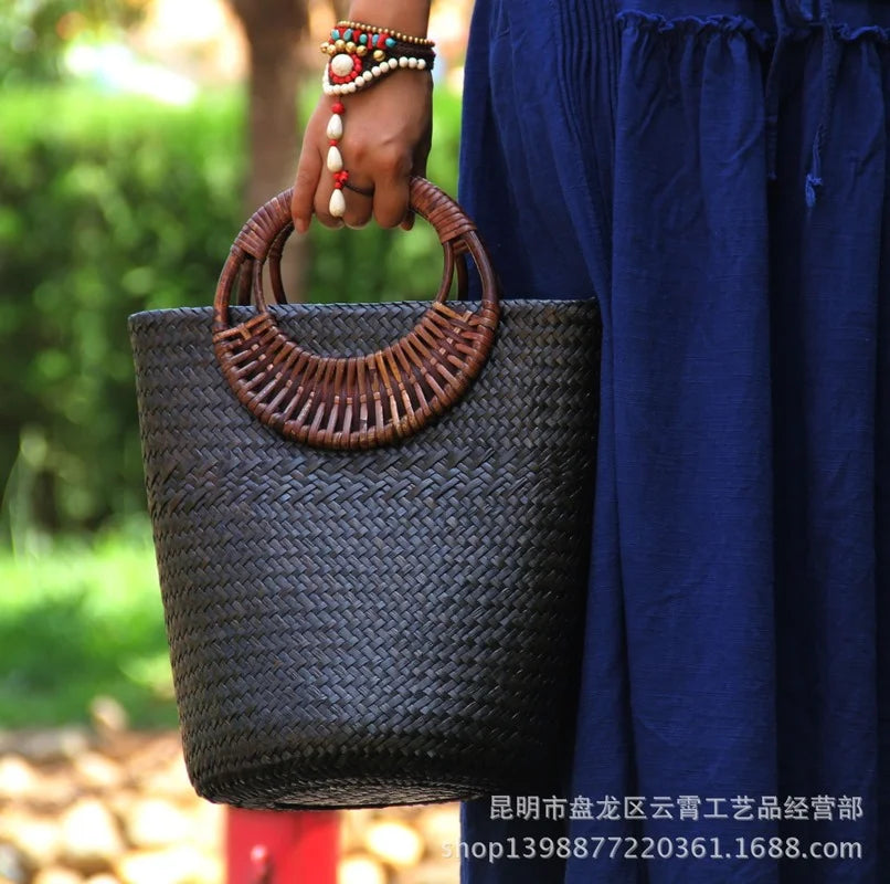 Femlion Rattan Bucket Bag - Vintage Handbag & Straw Purse