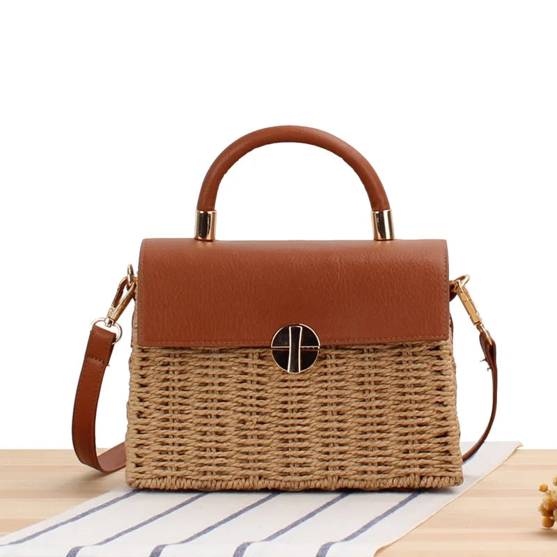 Femlion Straw Woven Messenger Bag with Leather Detailing