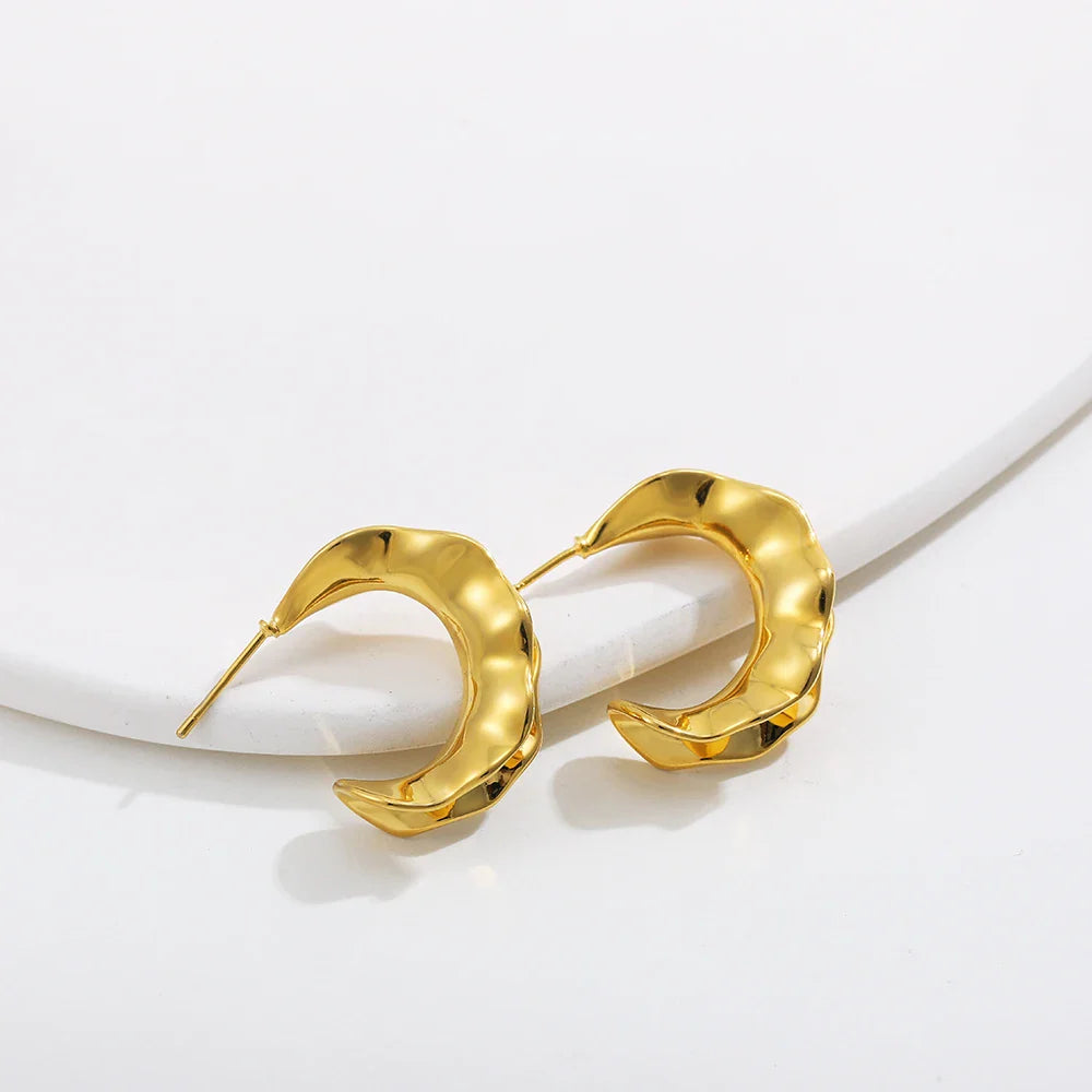 Femlion Hammered Moon Hoop Earrings: Geometric Gold Plated Irregular Circle Jewelry Trend