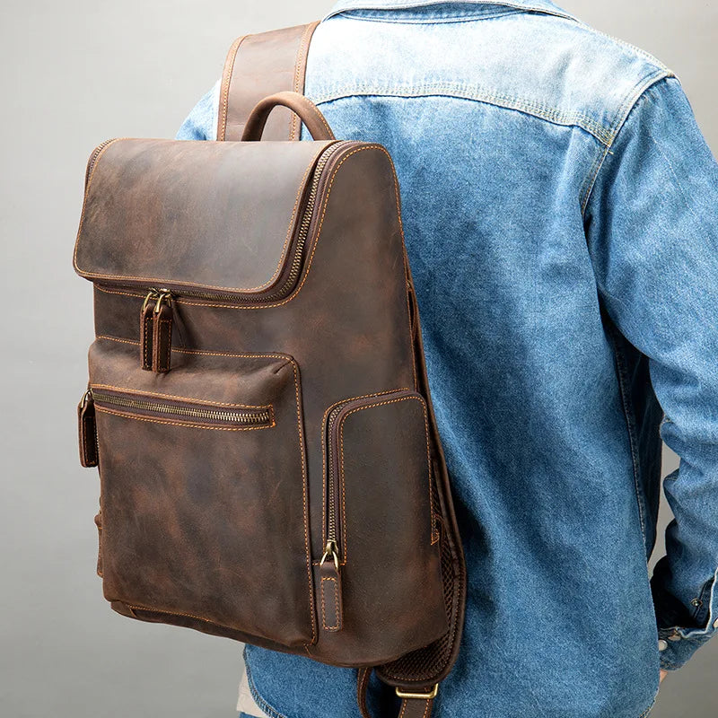 Femlion Vintage Leather Backpack Men's Laptop Daypack Travel Bag Luxe Designer Fashion Bagpack