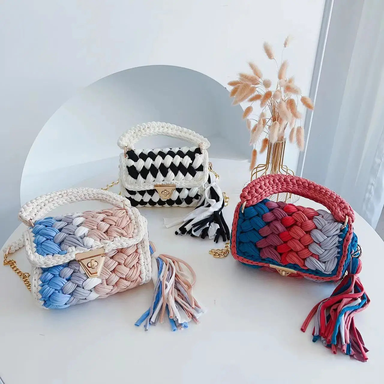 Femlion Colorful Crochet Tassel Handbags: Stylish Woven Crossbody Bags for Women