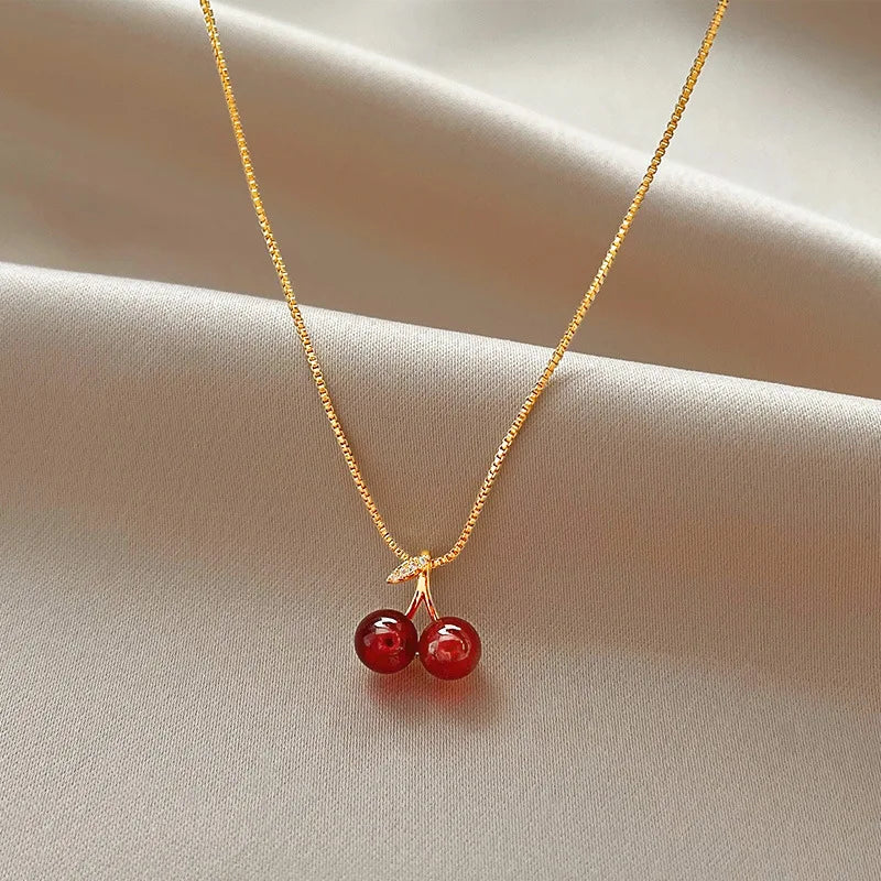 Femlion Cherry Pendant Necklace: Korean Style Wine Red Collarbone Chain for Women