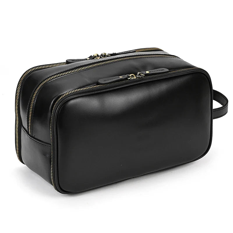 Femlion Black Leather Toiletry Travel Bag for Luxury Style Storage