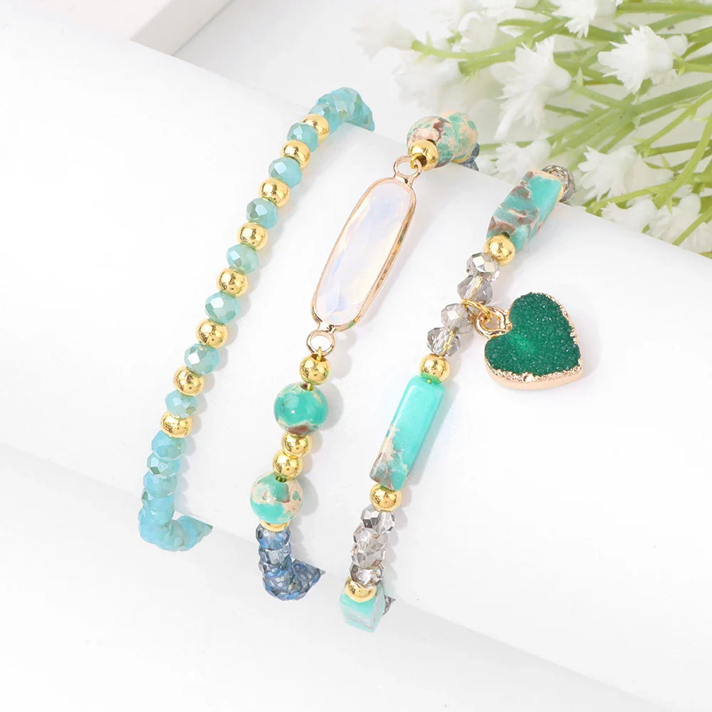 Femlion Heart Charm Crystal Beads Bracelet Set - 3Pcs Natural Stone Bangles