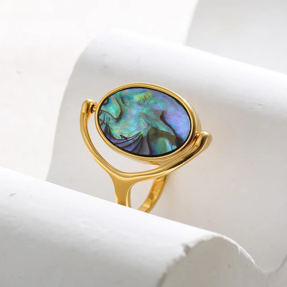 Femlion White & Abalone Shell Rotating Charm Ring for Women