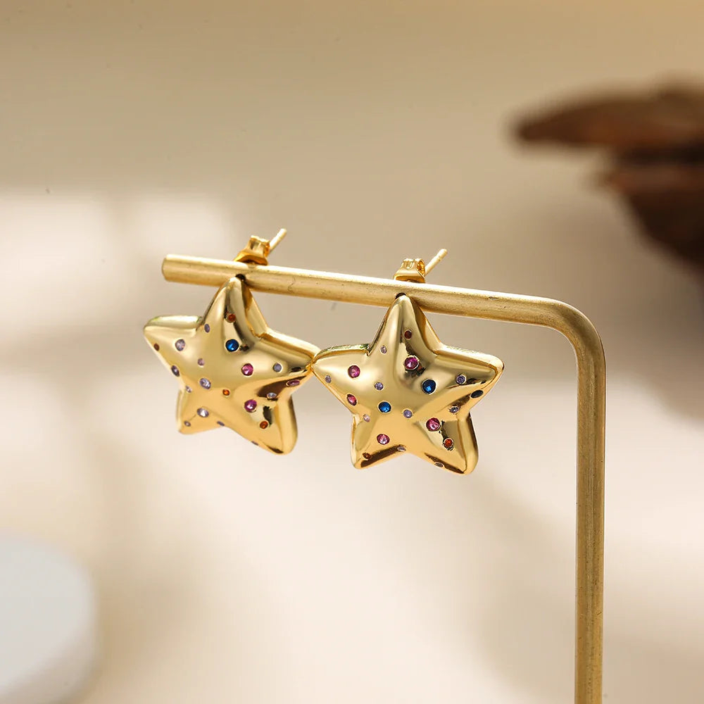 Femlion Gold Plated CZ Heart Star Earrings - Fashion Statement Jewelry