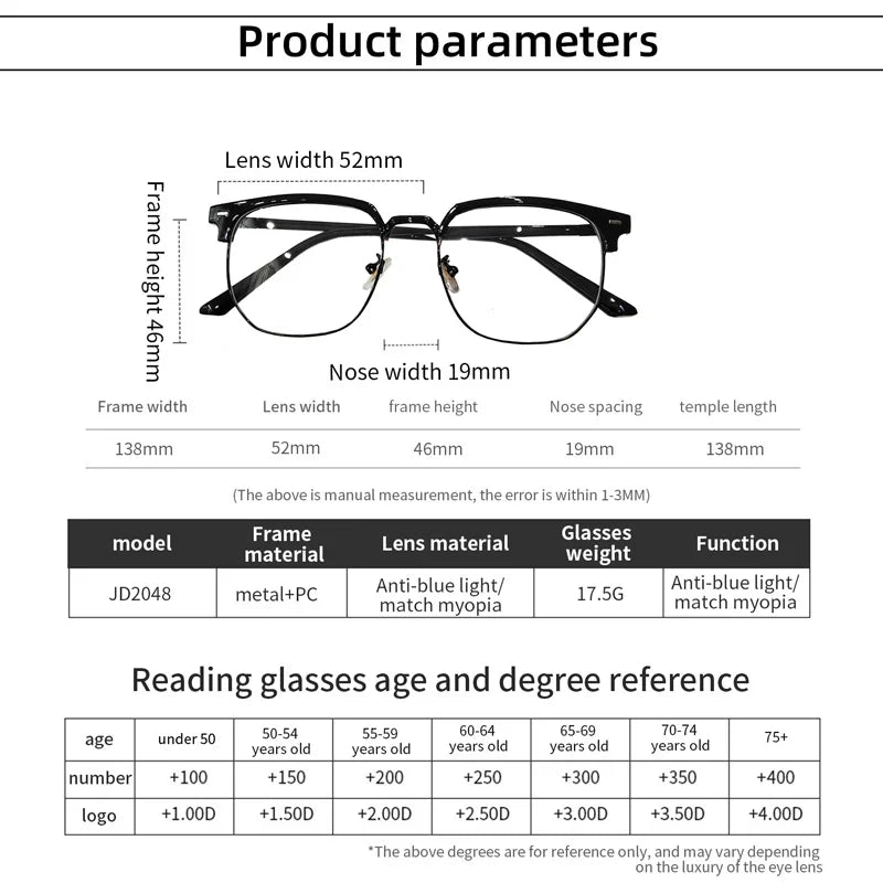 Femlion Retro Half-frame Anti-blue Light Myopia Glasses Unisex Diopter -1.0 To -6.0