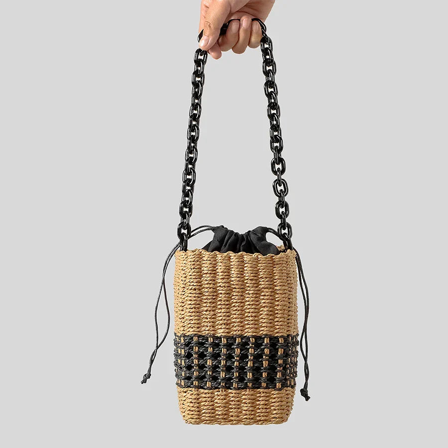 Femlion Acrylic Chains Straw Bucket Bag - Handmade Woven Shoulder Bag