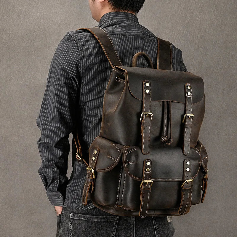 Femlion Vintage Style Large Leather Laptop Backpack for Men - 17.3" Classic Travel Daypack