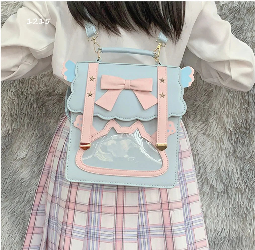 Femlion Transparent School Backpack Kawaii Bow Wing JK Handbag Star Wing Bow