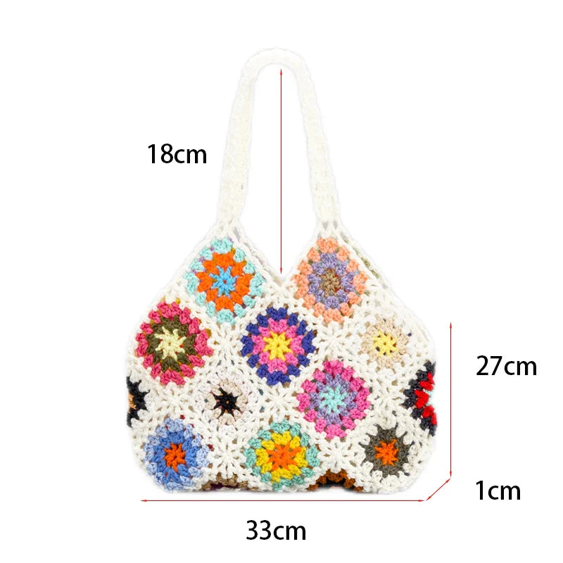 Femlion Bohemian Crochet Shoulder Bag: Handmade Flower Plaid Tote for Women