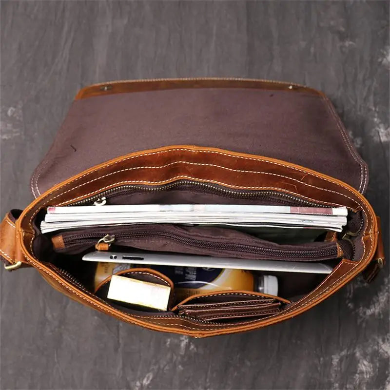 Femlion Genuine Leather Shoulder Bag Men's Work Messenger Crossbody A4 Sling Bag