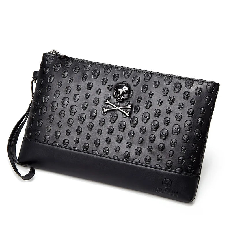 Femlion Men's Skull Embossed Wrist Bag | Luxury Punk Clutch | Gothic Skeleton Underarm Bag