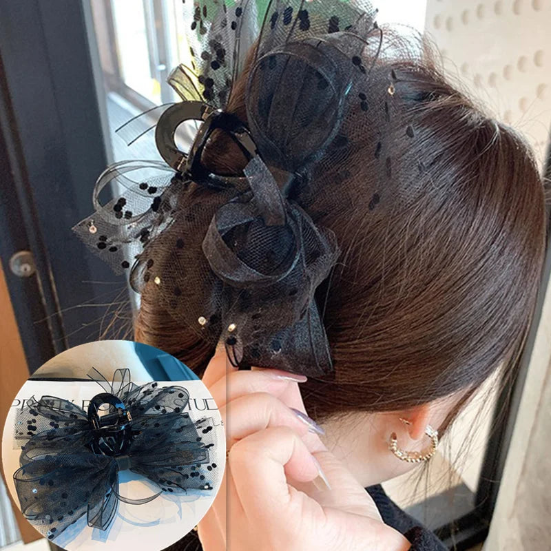 Femlion Black Lace Big Bow Hair Clip for Women and Girls - Double Sided Claw Clamp