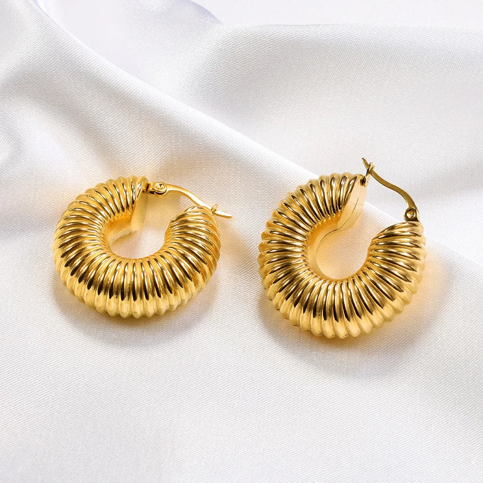 Femlion Gold Plated Chunky Hoop Earrings: Thread Texture Vintage Jewelry