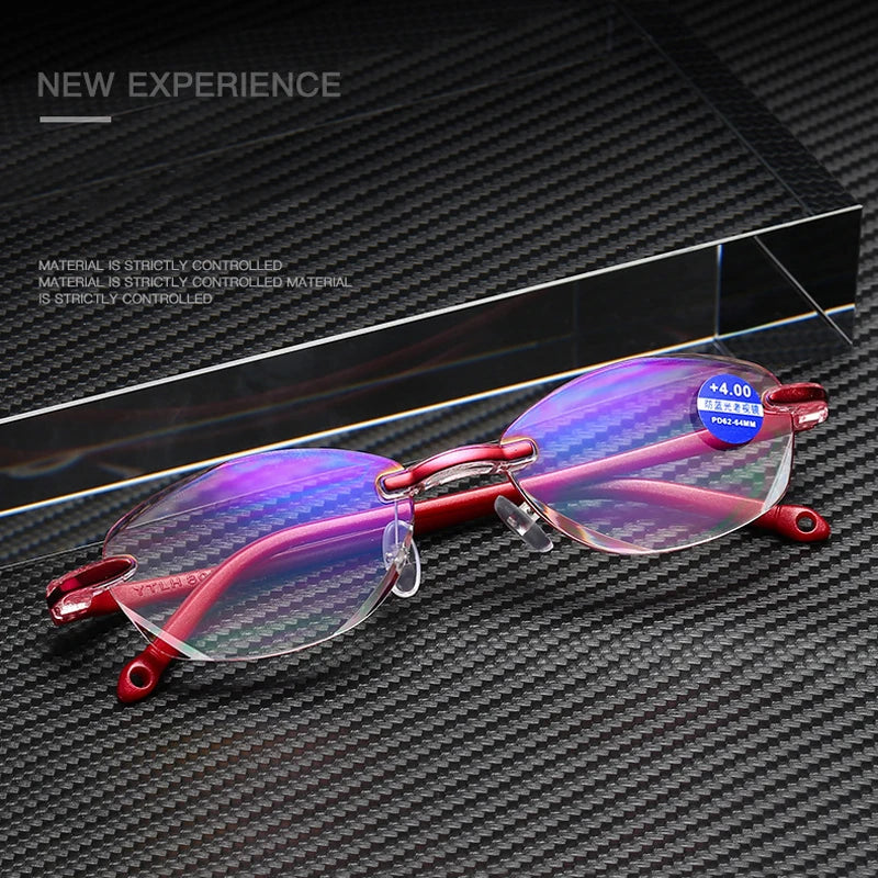 Femlion Frameless Anti-blue Light Reading Glasses for Women with Diopter +1.0 to +4.0