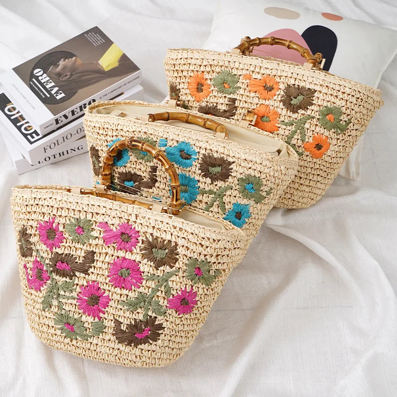 Femlion Small Flower Bag Rattan Handbag Beach Fashion Handbag Women's Bag