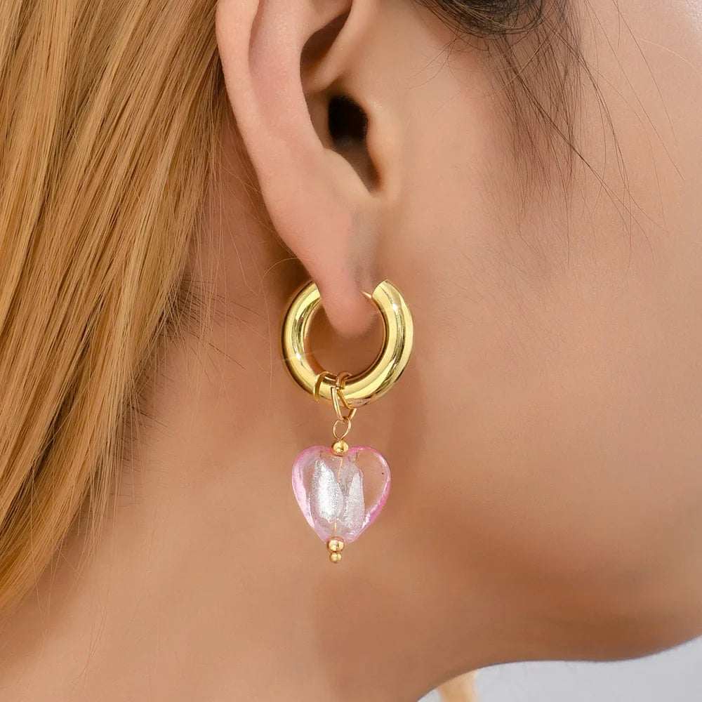 Femlion Heart Drop Earrings & Circle Huggie Hoops in Transparent Coloured Glaze