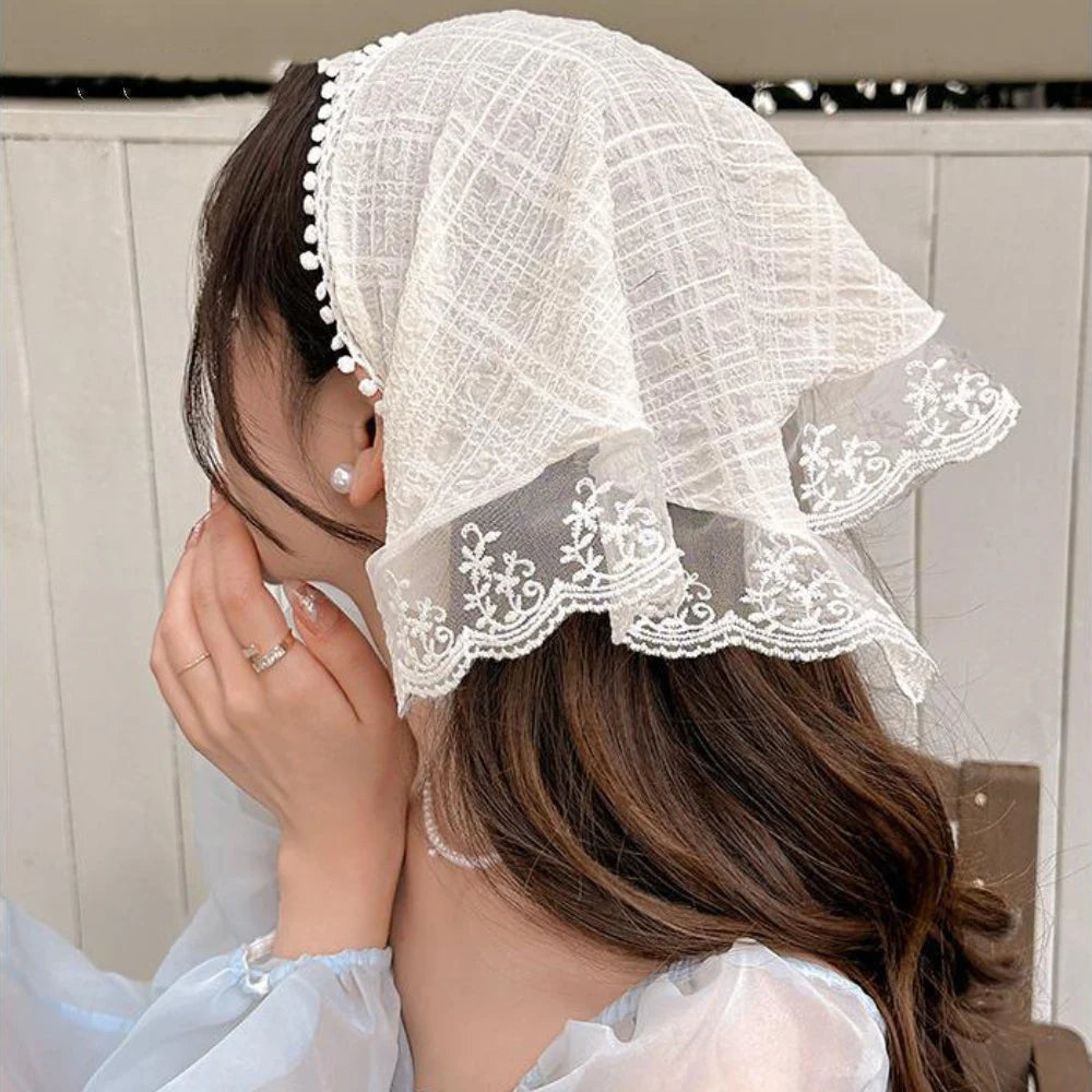 Femlion Lace Vintage Hair Band Triangular Scarf - Trendy Solid Color Headband