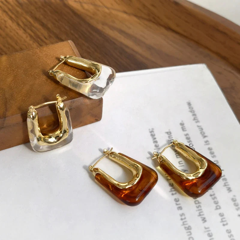 Femlion Brown Resin Acrylic Hoop Earrings with Gold Metal Detail