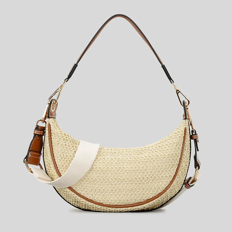 Femlion Half Moon Straw Handbag with Wide Strap - Trendy Summer Beach Crossbody Bag