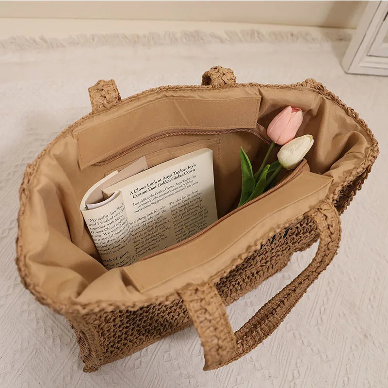 Femlion Square Straw Woven Embroidered Letters Beach Bag