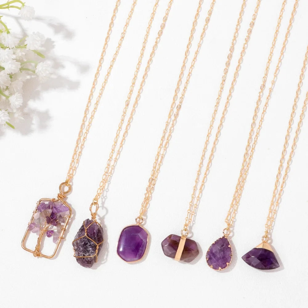 Femlion Amethysts Oval Crystal Necklace for Women - Healing Purple Stone Pendent Choker