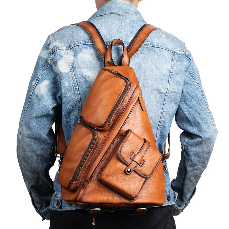 Femlion Men's Cowskin Leather Shoulder Backpack - Crossbody Chest Bag Anti Theft