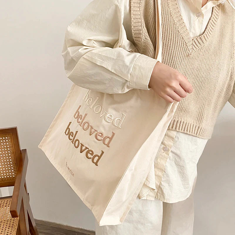 Femlion Beloved Embroidery Canvas Tote Bag for Girls - Daily Shopping & Books Bag