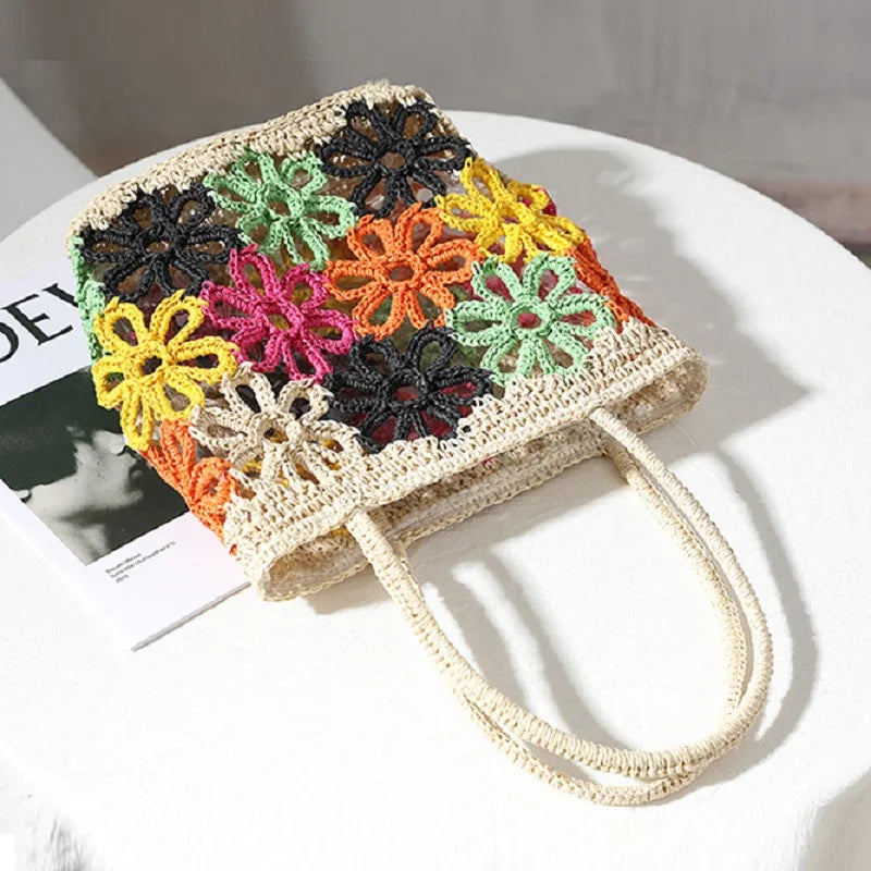 Femlion Hollow Flowers Straw Hand-Woven Beach Bag.