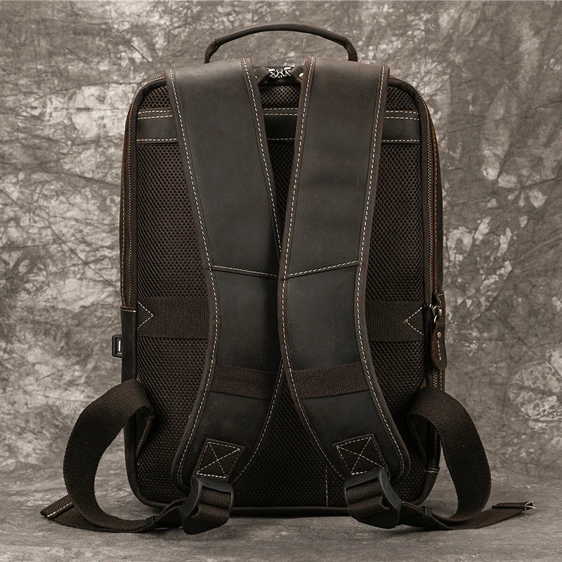 Femlion Crazy Horse Leather Laptop Backpack: 15.6" Daypack with USB, Large Capacity, Travel Ready