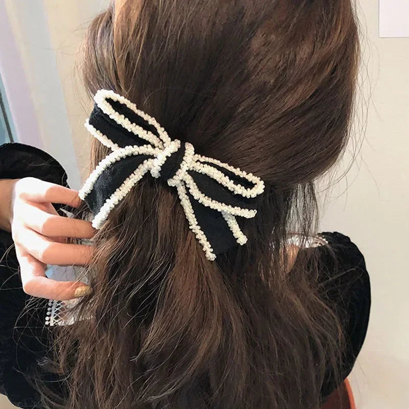 Femlion Elegant Korean Bow Hair Pin White Edge Black Hair Clip for Women